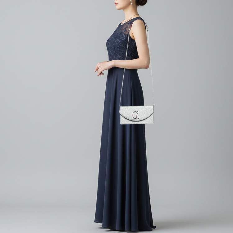 Pre Owned Christian Louboutin Loubi54 Silver Glitter Leather Clutch Bag