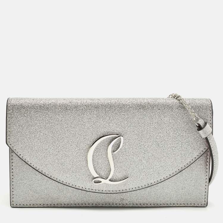 Pre Owned Christian Louboutin Loubi54 Silver Glitter Leather Clutch Bag