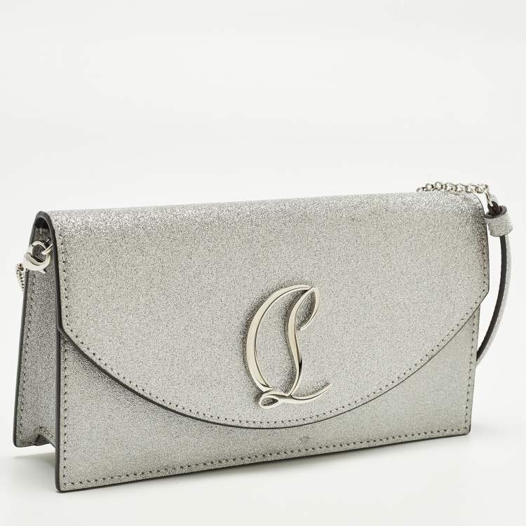 Pre Owned Christian Louboutin Loubi54 Silver Glitter Leather Clutch Bag