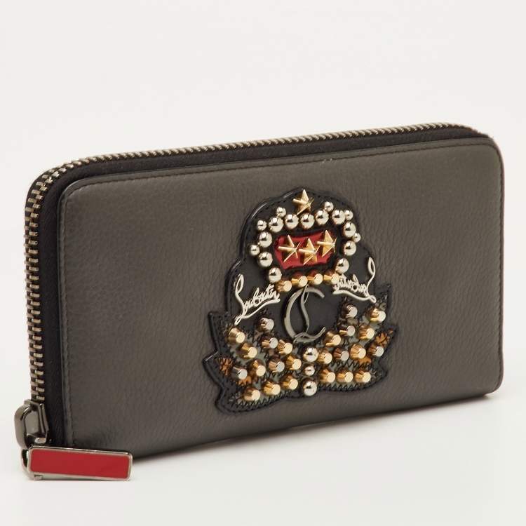 Pre Owned Christian Louboutin Panettone Dark Grey Leather Studded Zip Around Wallet