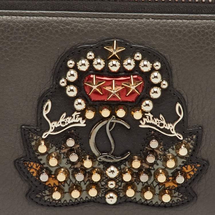 Pre Owned Christian Louboutin Panettone Dark Grey Leather Studded Zip Around Wallet