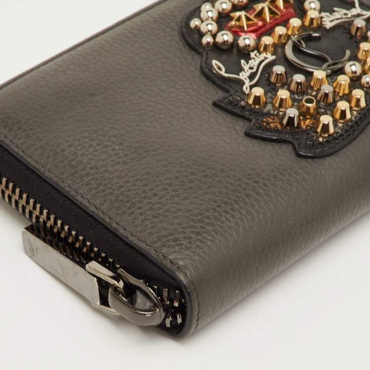 Pre Owned Christian Louboutin Panettone Dark Grey Leather Studded Zip Around Wallet