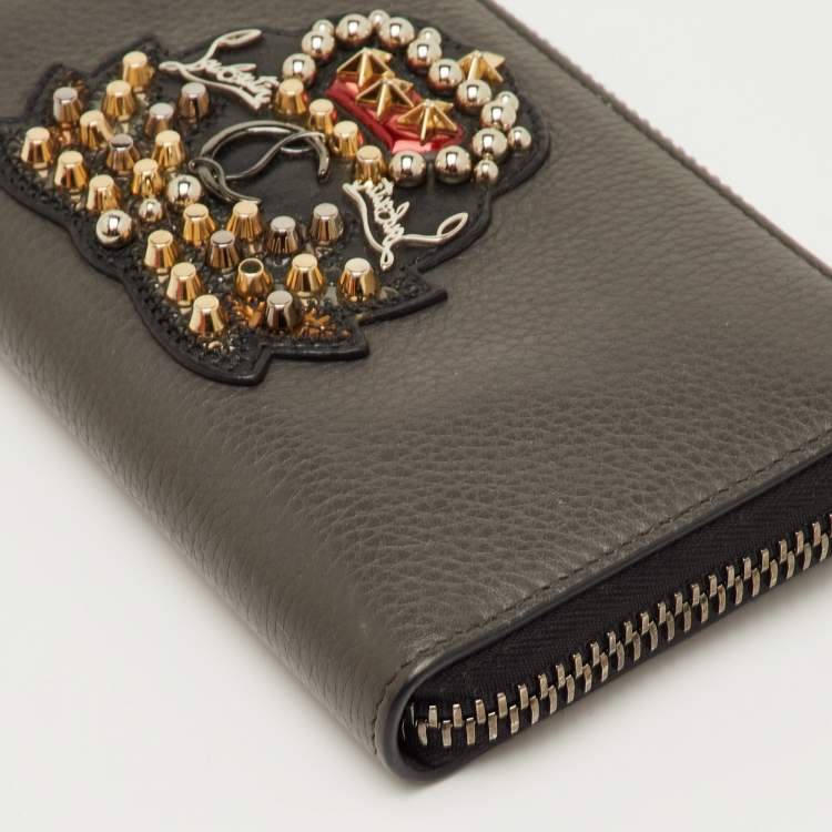 Pre Owned Christian Louboutin Panettone Dark Grey Leather Studded Zip Around Wallet
