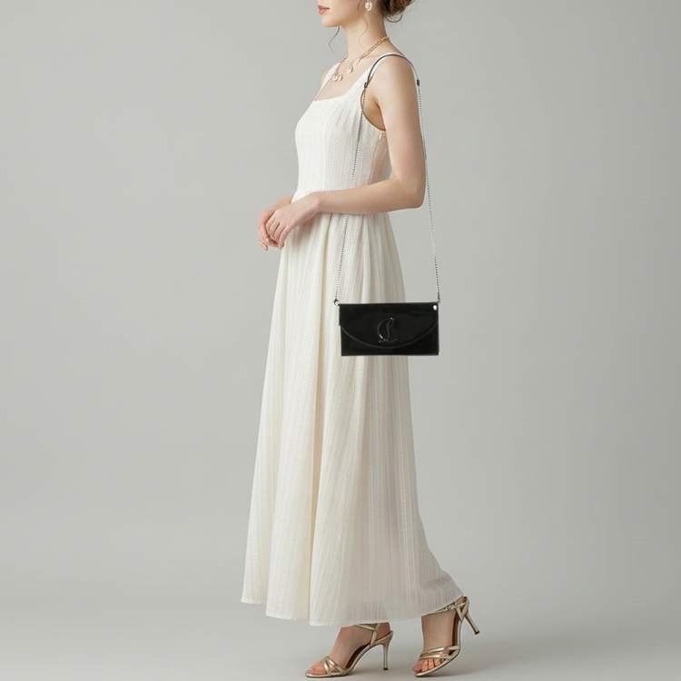 Pre Owned Christian Louboutin Loubi54 Black Patent Leather Wallet On Chain