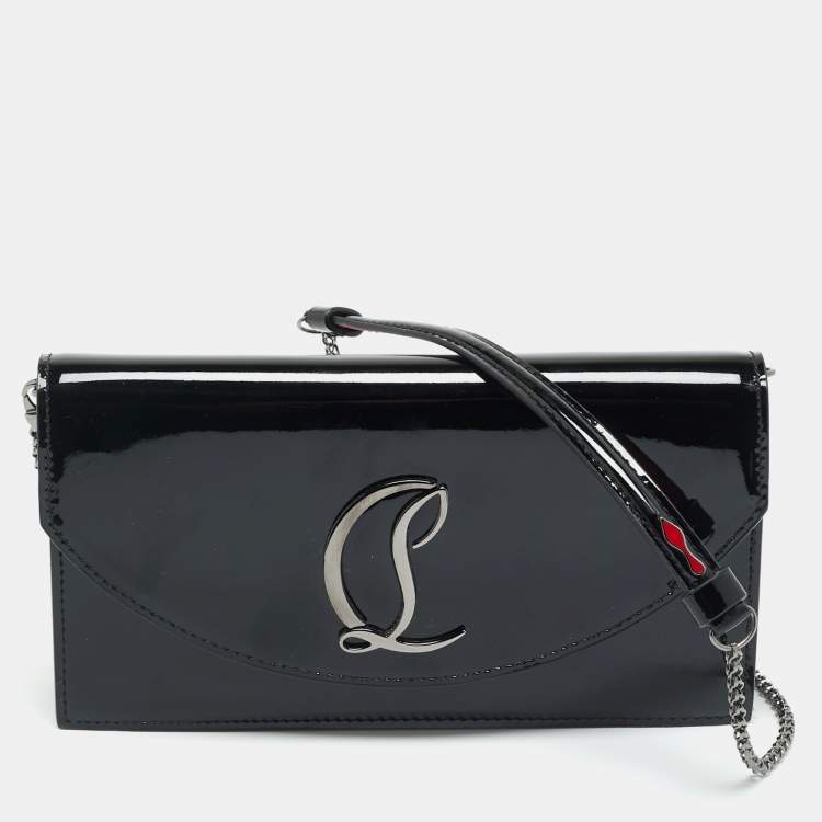 Pre Owned Christian Louboutin Loubi54 Black Patent Leather Wallet On Chain