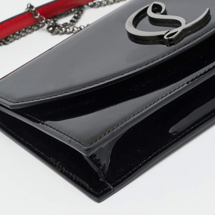 Pre Owned Christian Louboutin Loubi54 Black Patent Leather Wallet On Chain
