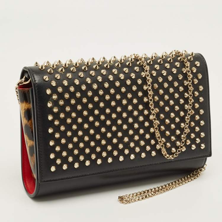Pre Owned Christian Louboutin Paloma Spike Black Leopard Print Patent and Leather Shoulder Bag