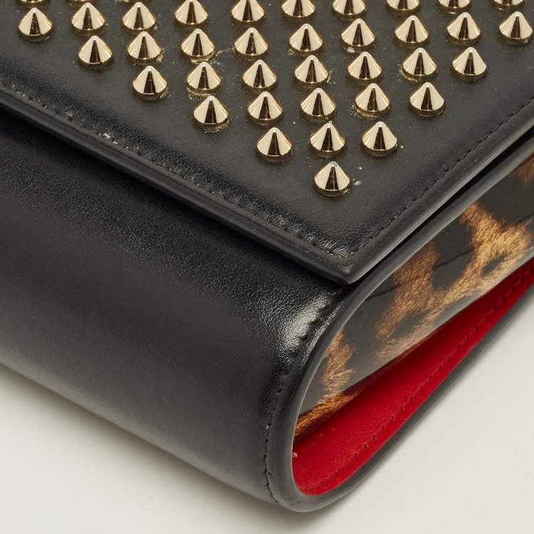 Pre Owned Christian Louboutin Paloma Spike Black Leopard Print Patent and Leather Shoulder Bag