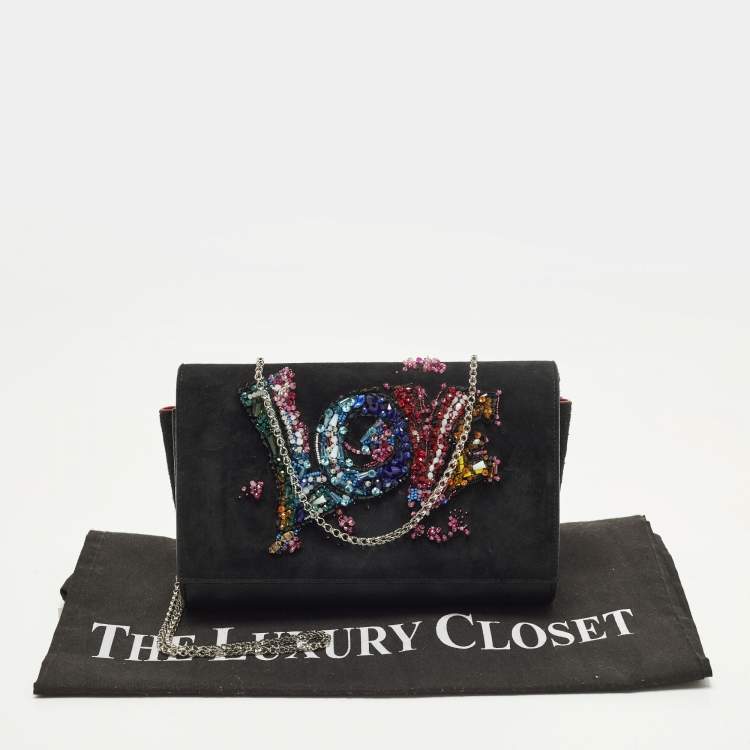Pre Owned Christian Louboutin Paloma Love Embellished Leather and Suede Chain Clutch