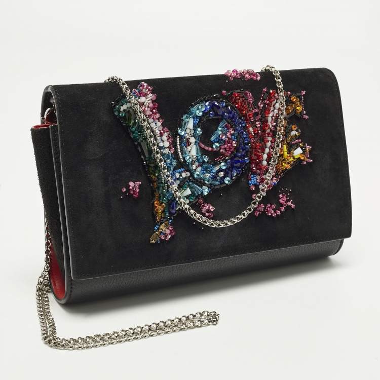 Pre Owned Christian Louboutin Paloma Love Embellished Leather and Suede Chain Clutch