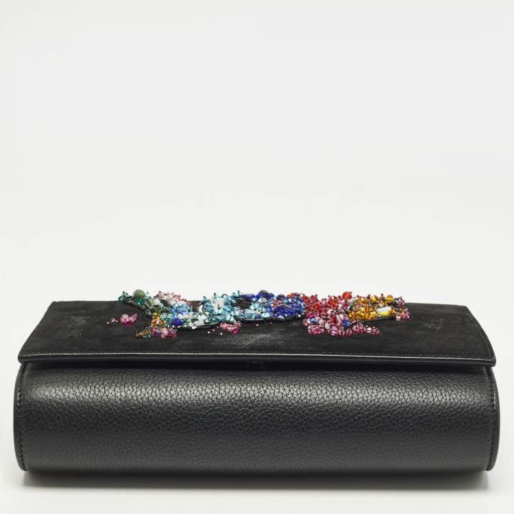 Pre Owned Christian Louboutin Paloma Love Embellished Leather and Suede Chain Clutch
