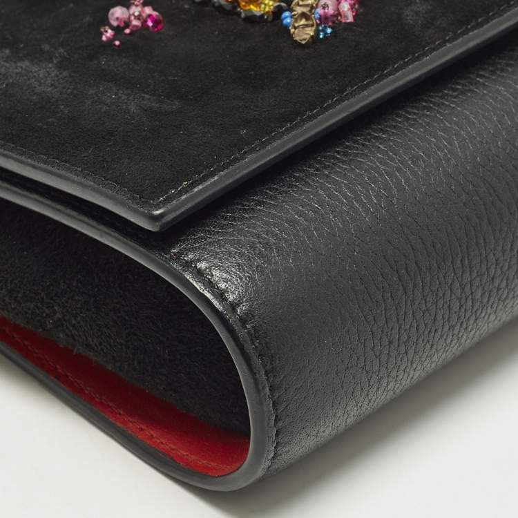 Pre Owned Christian Louboutin Paloma Love Embellished Leather and Suede Chain Clutch