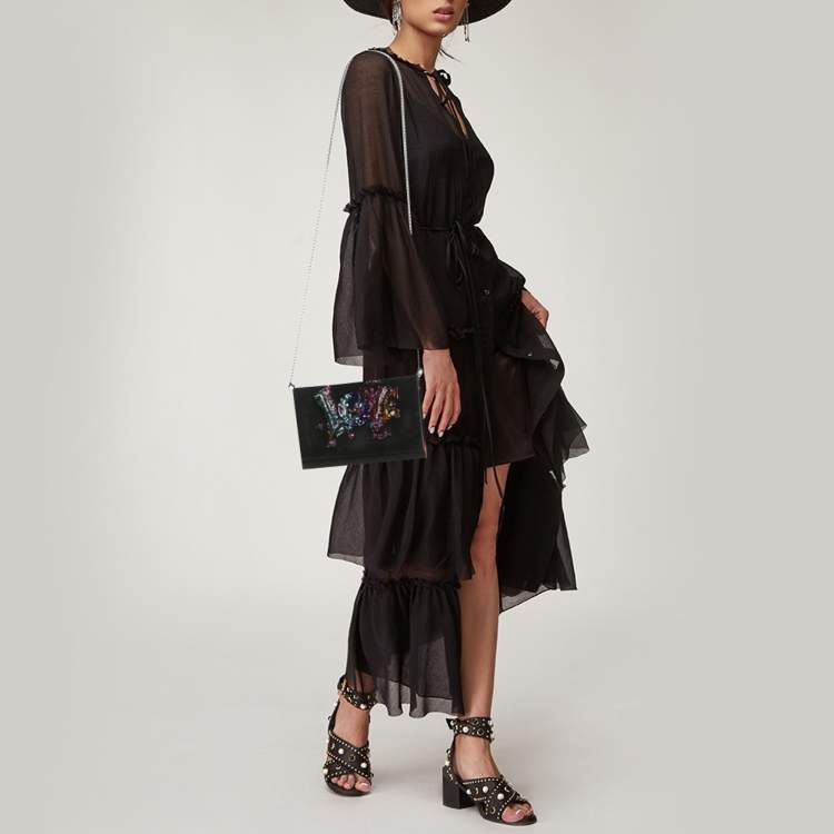 Pre Owned Christian Louboutin Paloma Love Embellished Leather and Suede Chain Clutch