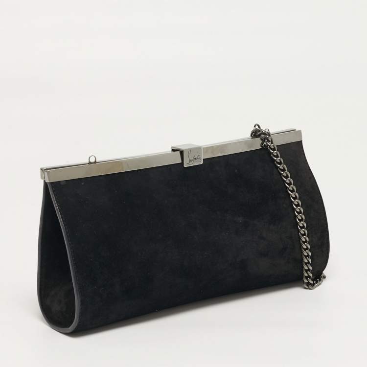 Pre Owned Christian Louboutin Palmette Black Suede Chain Clutch