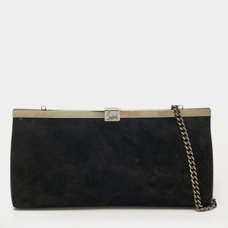 Pre Owned Christian Louboutin Palmette Black Suede Chain Clutch