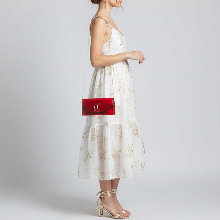 Pre Owned Christian Louboutin Loubi54 Small Red Patent Leather Clutch