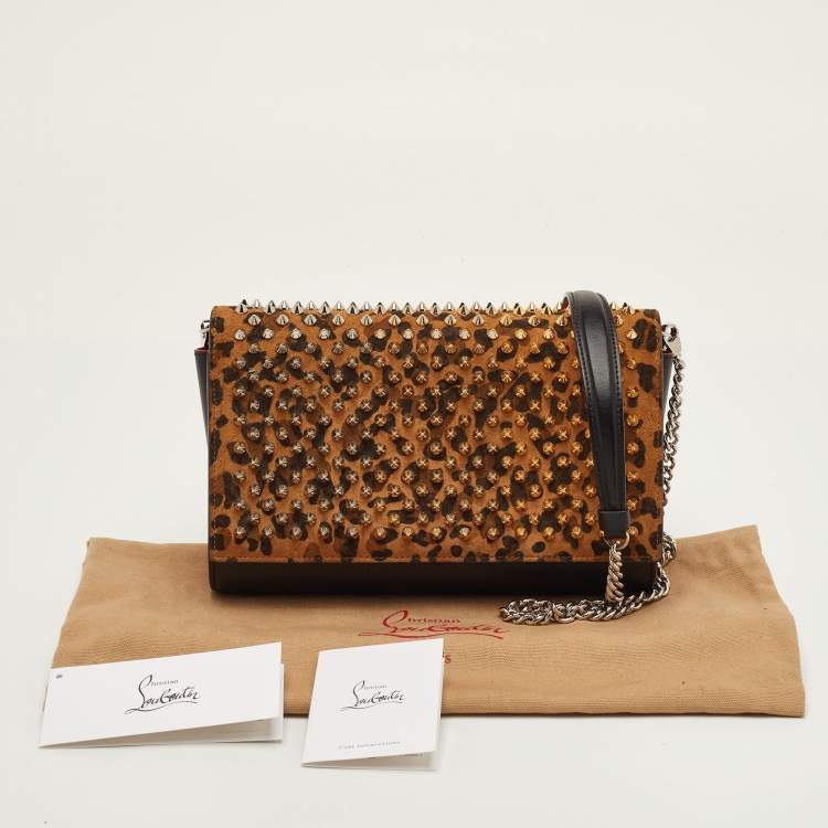 Pre Owned Christian Louboutin Paloma Brown/Black Leopard Print Suede and Leather Chain Clutch
