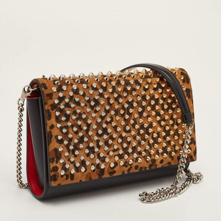 Pre Owned Christian Louboutin Paloma Brown/Black Leopard Print Suede and Leather Chain Clutch