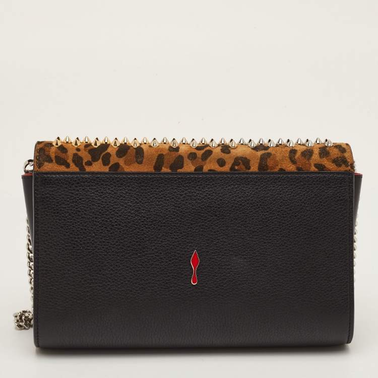 Pre Owned Christian Louboutin Paloma Brown/Black Leopard Print Suede and Leather Chain Clutch