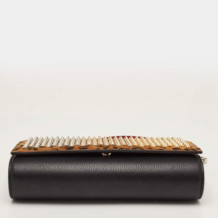 Pre Owned Christian Louboutin Paloma Brown/Black Leopard Print Suede and Leather Chain Clutch