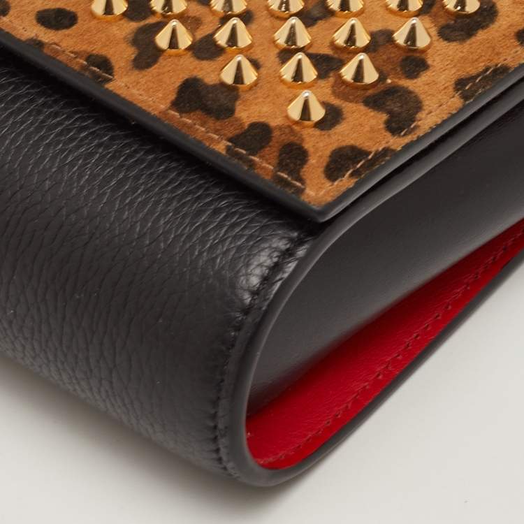 Pre Owned Christian Louboutin Paloma Brown/Black Leopard Print Suede and Leather Chain Clutch