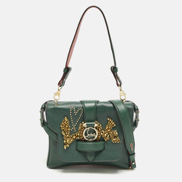 Pre Owned Christian Louboutin Rubylou Crystals Green Leather Flap Bag