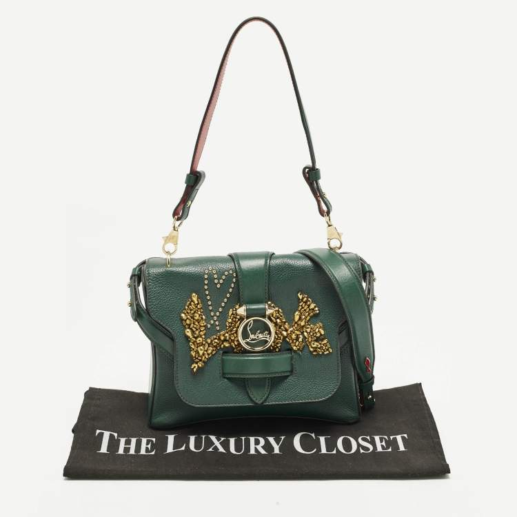 Pre Owned Christian Louboutin Rubylou Crystals Green Leather Flap Bag