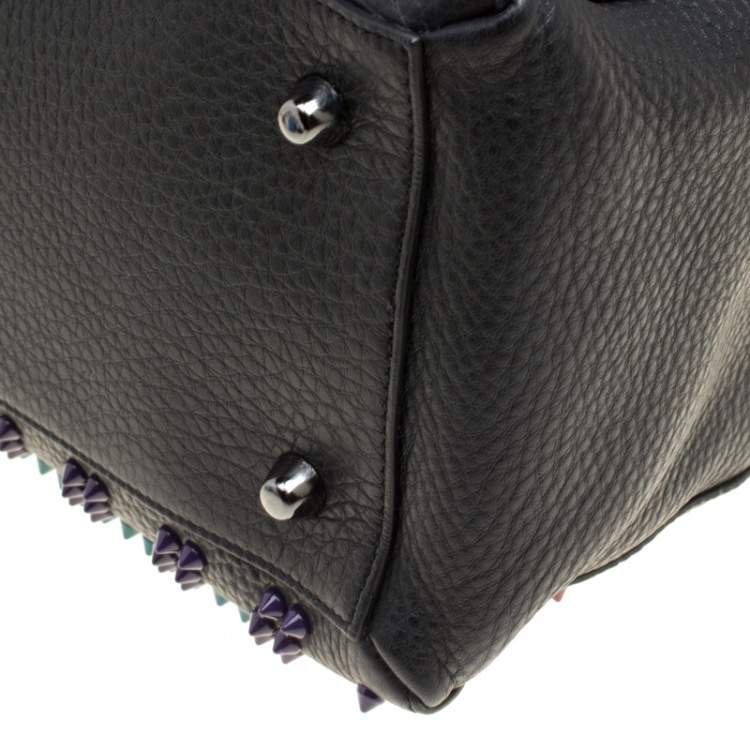 Pre Owned Christian Louboutin Black/Multicolor Leather Spike Studded Bowler Bag