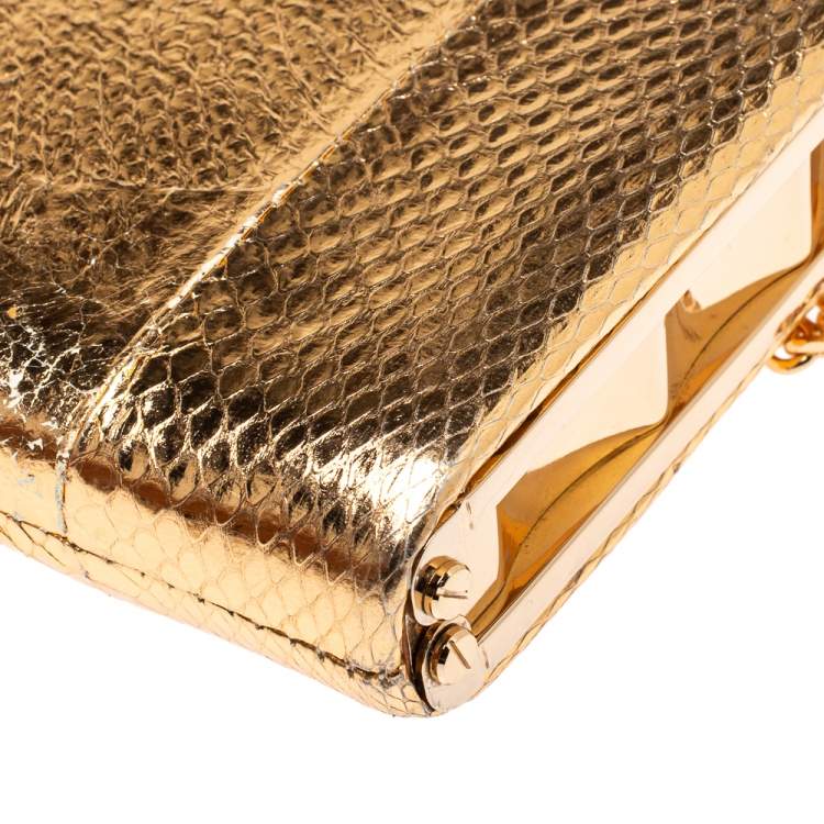 Pre Owned Christian Louboutin Gold Python Charity Chain Clutch