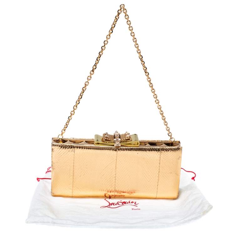 Pre Owned Christian Louboutin Gold Python Charity Chain Clutch