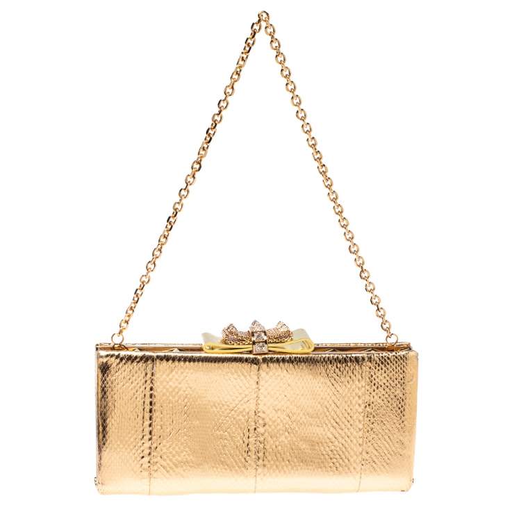Pre Owned Christian Louboutin Gold Python Charity Chain Clutch
