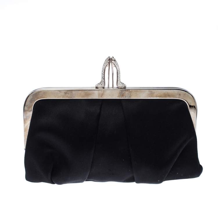 Pre Owned Christian Louboutin Black Satin Loubi Lula Clutch