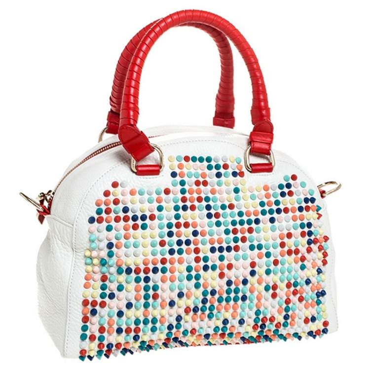Pre Owned Christian Loboutin White/Red Leather Studded Panettone Satchel 