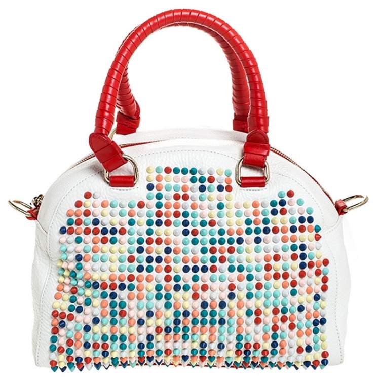 Pre Owned Christian Loboutin White/Red Leather Studded Panettone Satchel 