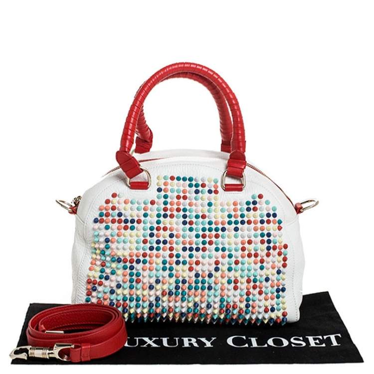 Pre Owned Christian Loboutin White/Red Leather Studded Panettone Satchel 