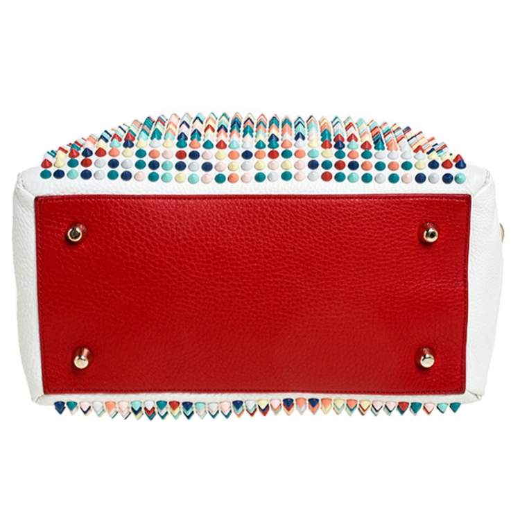 Pre Owned Christian Loboutin White/Red Leather Studded Panettone Satchel 