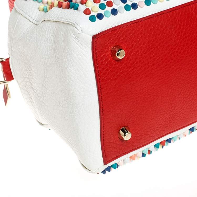 Pre Owned Christian Loboutin White/Red Leather Studded Panettone Satchel 