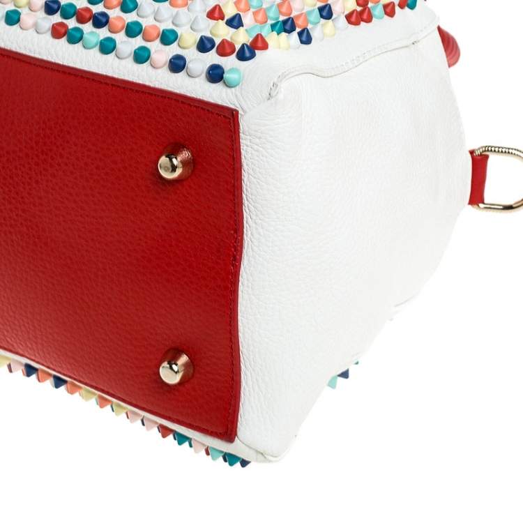 Pre Owned Christian Loboutin White/Red Leather Studded Panettone Satchel 