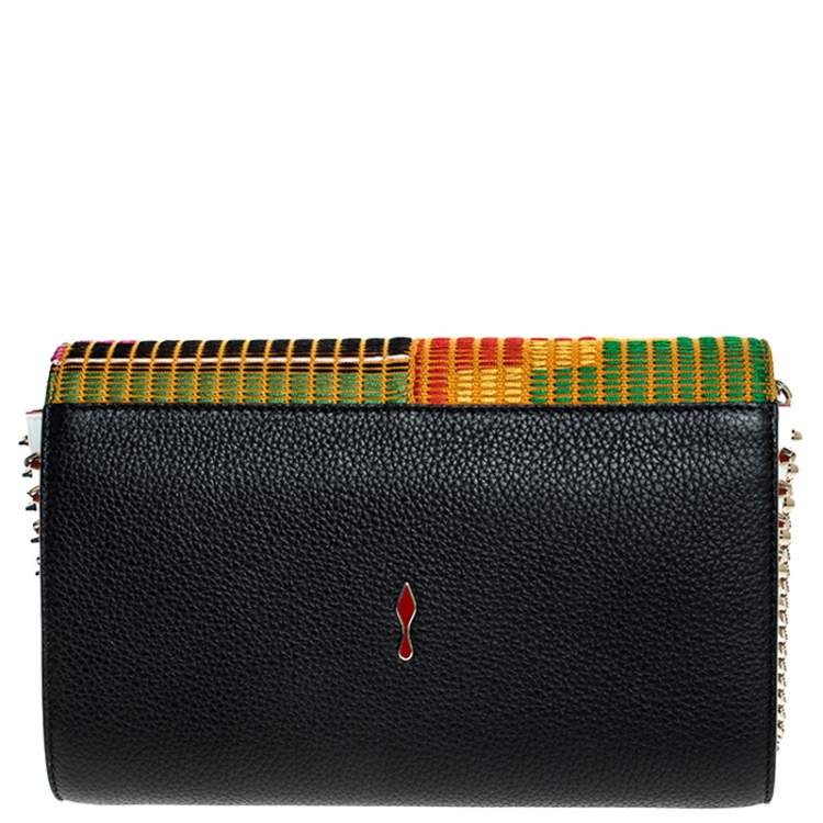 Pre Owned Christian Louboutin Black/Multicolor Leather and Embroidered Fabric Paloma Chain Clutch