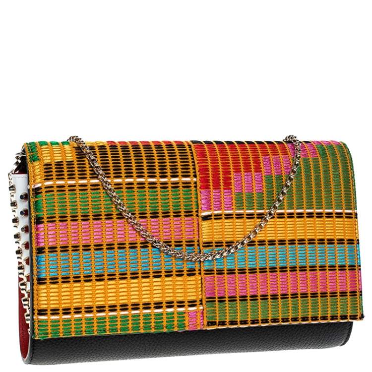 Pre Owned Christian Louboutin Black/Multicolor Leather and Embroidered Fabric Paloma Chain Clutch
