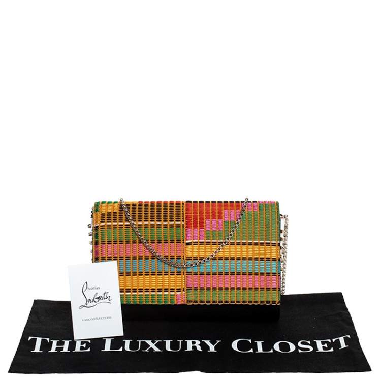 Pre Owned Christian Louboutin Black/Multicolor Leather and Embroidered Fabric Paloma Chain Clutch