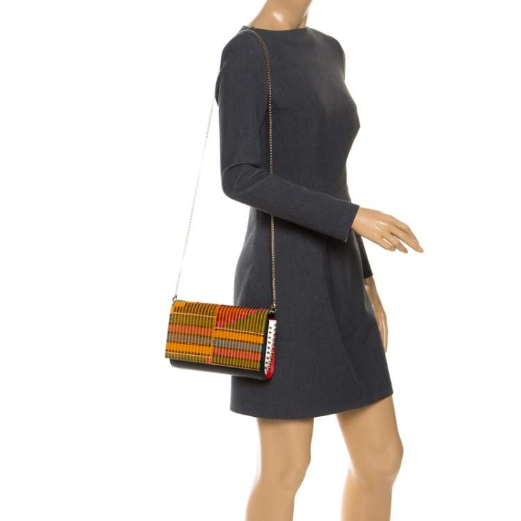 Pre Owned Christian Louboutin Black/Multicolor Leather and Embroidered Fabric Paloma Chain Clutch