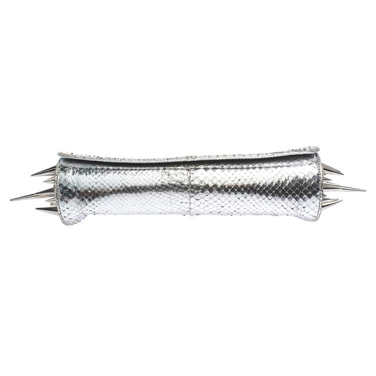 Pre Owned Christian Louboutin Metallic Silver Snakeskin Effect Leather Marquise Spiked Clutch