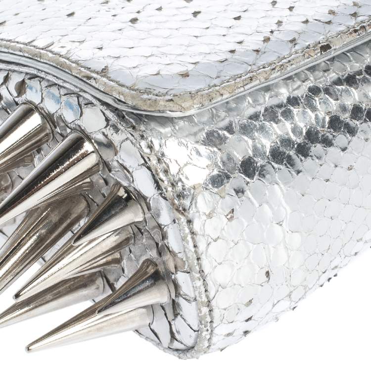 Pre Owned Christian Louboutin Metallic Silver Snakeskin Effect Leather Marquise Spiked Clutch