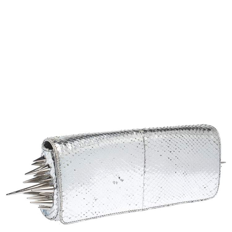Pre Owned Christian Louboutin Metallic Silver Snakeskin Effect Leather Marquise Spiked Clutch