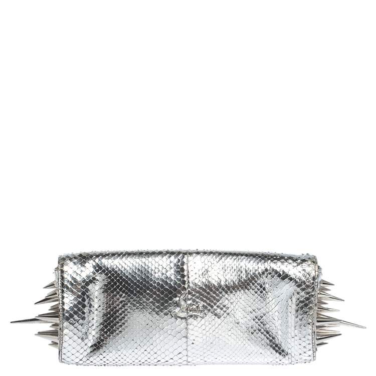 Pre Owned Christian Louboutin Metallic Silver Snakeskin Effect Leather Marquise Spiked Clutch