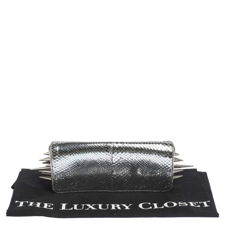 Pre Owned Christian Louboutin Metallic Silver Snakeskin Effect Leather Marquise Spiked Clutch