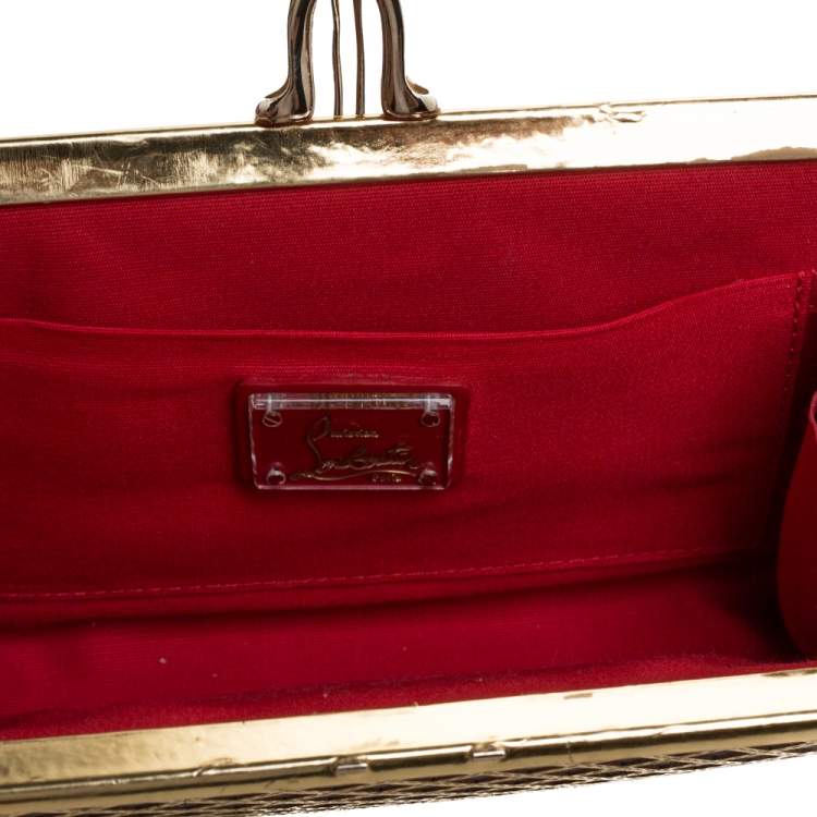 Pre Owned Christian Louboutin Gold/Black Patent Leather and Satin Pave Clutch