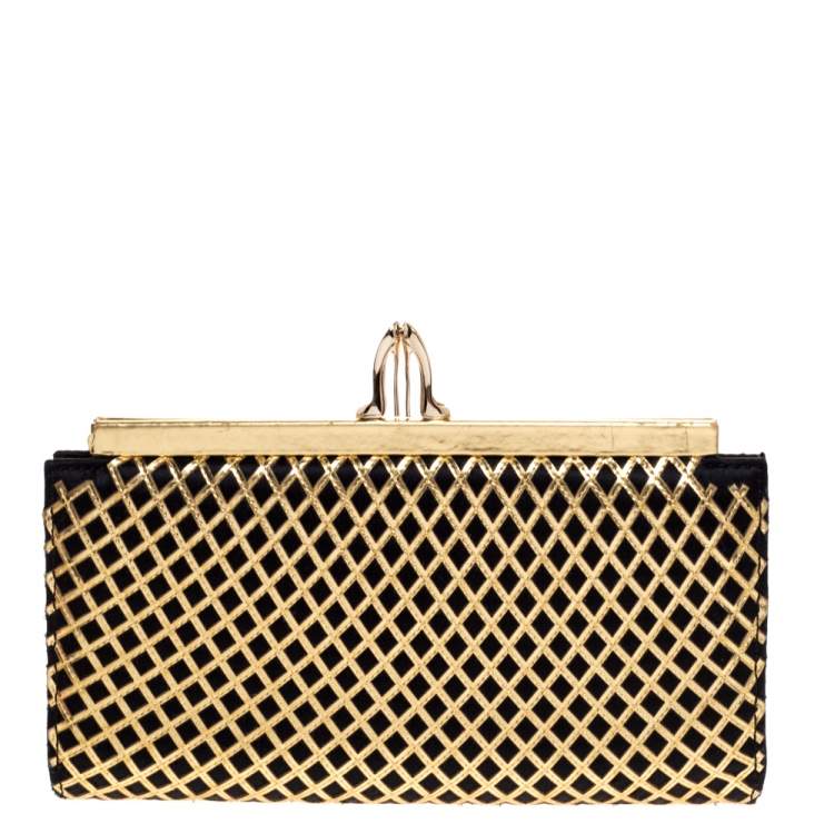 Pre Owned Christian Louboutin Gold/Black Patent Leather and Satin Pave Clutch