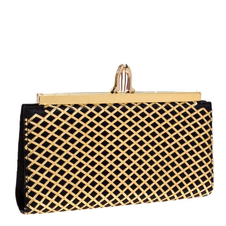 Pre Owned Christian Louboutin Gold/Black Patent Leather and Satin Pave Clutch